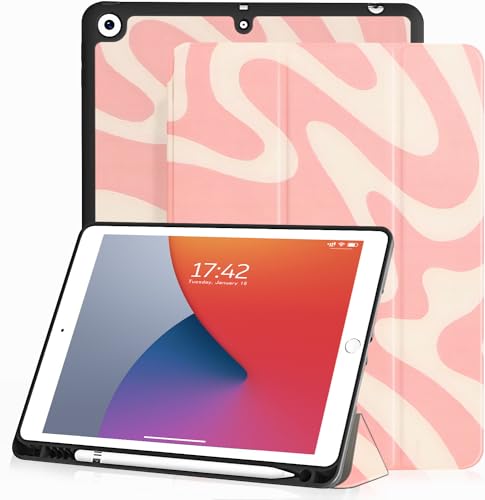 XPHZZL Hülle für iPad 9/8/7(2021/2020/2019 Model,9th/8th/7th Generation),Cute Art Wavy Pattern Design with Pencil Holder-Trifold Case Auto Schlafen Wachen Kompatibel mit iPad 10.2(Rosa Weiß) von XPHZZL