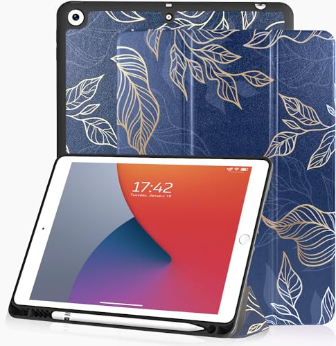 XPHZZL Hülle für iPad 9/8/7(2021/2020/2019 Model,9th/8th/7th Generation),Cute Leaf Pattern Design with Pencil Holder-Trifold Case Auto Schlafen Wachen Cover Kompatibel mit iPad 10.2(Blau) von XPHZZL