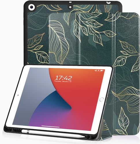 XPHZZL Hülle für iPad 9/8/7(2021/2020/2019 Model,9th/8th/7th Generation),Cute Leaf Pattern Design with Pencil Holder-Trifold Case Auto Schlafen Wachen Cover Kompatibel mit iPad 10.2(Grün) von XPHZZL