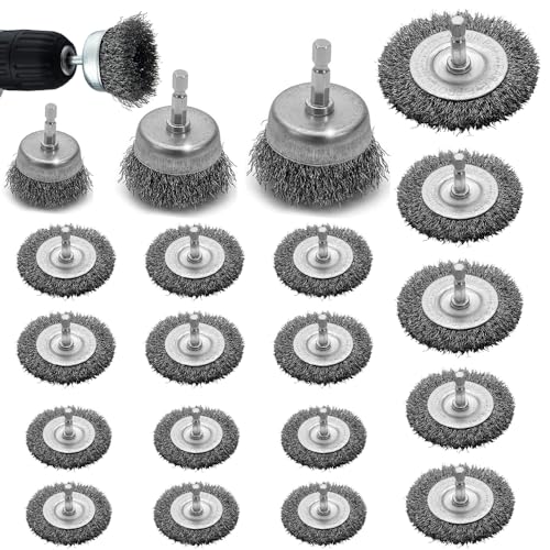 20 Stück Drahtbürste Bohrmaschine Set, 6mm Drahtbürste Akkuschrauber, Topfbürste mit Sechskantstange Drahtbürsten Set, Gewellter Stahldraht für Schleifen, Polieren, Entrosten von XPJBKC