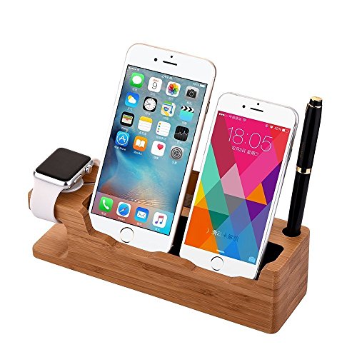 XPhonew Bambus Ladestand Aufladung Docking Station/Cradle/Halter/Ladegerät Stand/Handy Halterung kompatibel mit iPhone 11 Pro XS XR X 8 7 Plus Max Apple Watch 2 3 4 iWatch Samsung Smartphones von XPhonew