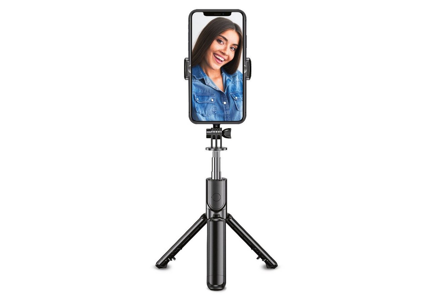 XQISIT 2in1 Mini Stativ + Selfie-Stick Wireless Remote Handy-Halterung, (Handy-Halterung mit Bluetooth Fernbedienung Teleskop Stange) von XQISIT