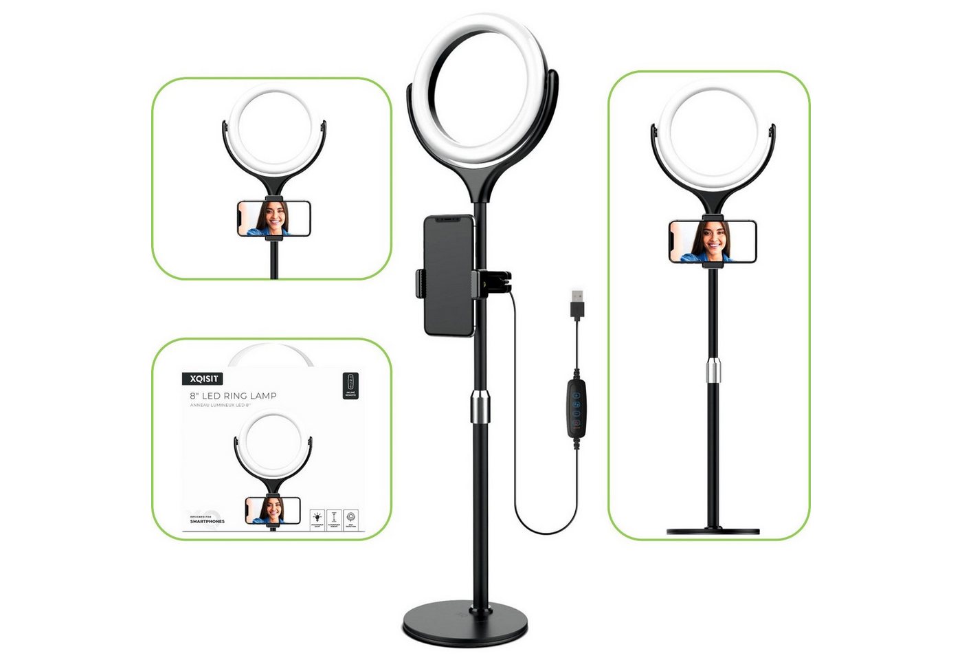 XQISIT USB LED Ringlicht Stativ Ringleuchte Selfie Handy-Halterung, (Fotolicht Studio-Licht Lampe mit Ständer Fernbedienung Auslöser) von XQISIT