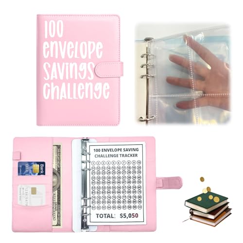 XQMMGO 100 Briefumschläge Geld Sparen Challenge, Sparbuch für Geld, A5 Geldspar-Ordner mit Geldumschlägen und 25 Karten, für Paare, Büros, Zuhause, Schule (Rosa) von XQMMGO