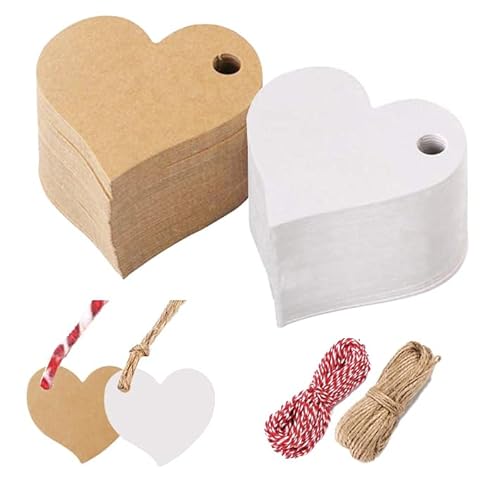 220 Stück Geschenkanhänger, Herzen Kraftpapier Etiketten DIY Valentinstag Deko Faschingsdeko Glücksbringer Herz Anhänger Papier mit 22m Schnur für Hochzeit Geburtstag Taufe Karneval (Braun&Weiß) von XREE