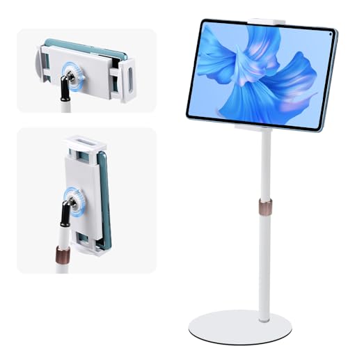 XRPRPX Handyhalterung Tisch, Tablettständer Handy Ständer Tablethalterung Weiß Verstellbare Handyständer Höhe 24cm bis 47cm, Spannzangenbreite 12cm bis 24cm,360° Drehbarer ipad Stand für Tisch von XRPRPX