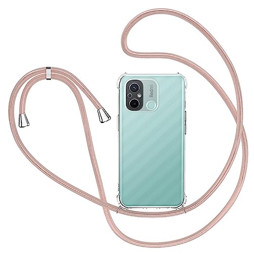 Handykette Hülle für Xiaomi Redmi 12C mit Band, Transparent Silikon Handyhülle für Xiaomi Redmi 12C mit Kette Stossfest Schutzhülle - Schnur mit Case zum Umhängen in Roségold von XTCASE