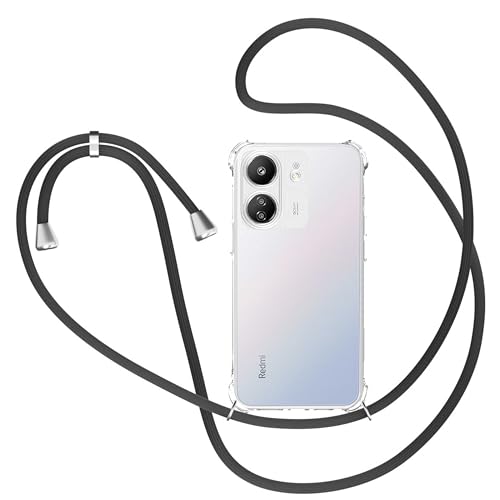 Handykette für Xiaomi Redmi 13C Hülle mit Band, Transparent Silikon Handyhülle für Xiaomi Redmi 13C mit Kette Stossfest Schutzhülle - Schnur mit Case zum Umhängen in Schwarz von XTCASE