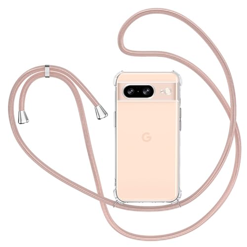 XTCASE Handykette Hülle für Google Pixel 8 mit Band, Transparent Silikon Handyhülle für Google Pixel 8 mit Kette Stossfest Schutzhülle - Schnur mit Case zum Umhängen in Roségold von XTCASE