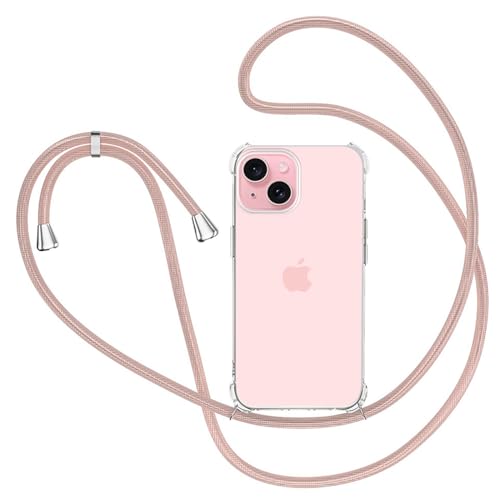 XTCASE Handykette Hülle für iPhone 15 mit Band, Transparent Silikon Handyhülle für iPhone 15 mit Kette Stossfest Schutzhülle - Schnur mit Case zum Umhängen in Roségold von XTCASE