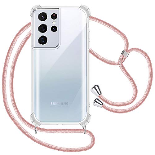 XTCASE Handykette für Samsung Galaxy S21 Ultra 5G Hülle, Smartphone Necklace Handyhülle mit Band Transparent Schutzhülle Stossfest - Schnur mit Case zum Umhängen in Roségold von XTCASE