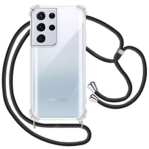 XTCASE Handykette für Samsung Galaxy S21 Ultra 5G Hülle, Smartphone Necklace Handyhülle mit Band Transparent Schutzhülle Stossfest - Schnur mit Case zum Umhängen in Schwarz von XTCASE