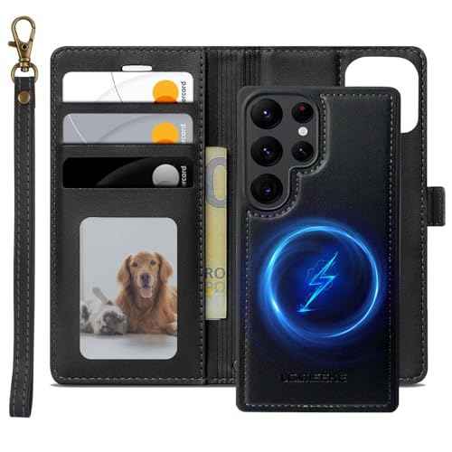 XTCASE Leder Hülle für Samsung Galaxy S25 Ultra 5G Magnetisch Kompatibel mit MagSafe, 2 in 1 Abnehmbare Handyhülle Flip Case [Kabelloses Laden] [Kartenfach] [Ständer] Klappbare Klapphülle, Schwarz von XTCASE