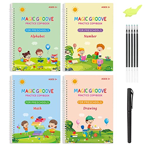 XTDMJ Magisches Heft, 4 Stück Magisches Übungsheft Wiederverwendbares Übungsbuch + 5 Nachfüllungen + 1 Stifthalter, für Kinder Kalligraphie Zahlen Zeichnung Buchstaben Schreiben von XTDMJ