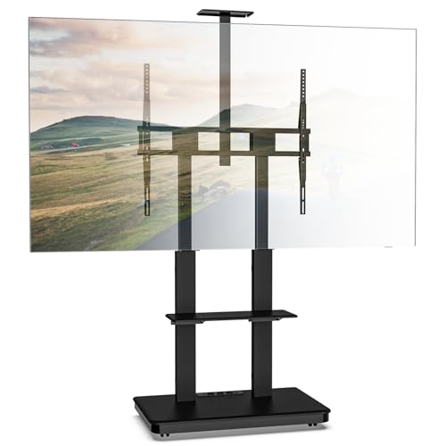 XTRARM Duolite mobiler, höhenverstellbarer TV Ständer für 45-110 Zoll und max. 120 kg, max. VESA 900x800, mit Ablagen und Steckerleiste (Schwarz, Manueller) von XTRARM