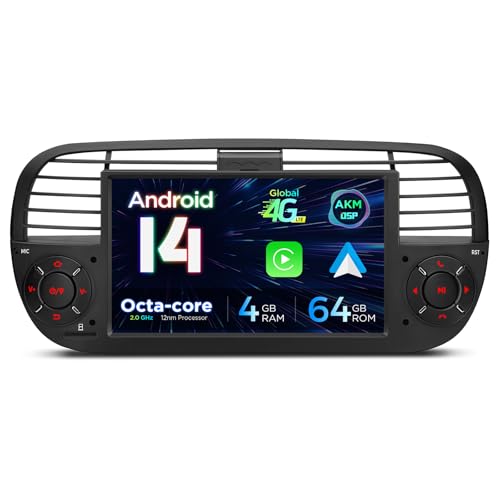 XTRONS 7 Zoll Android 13 Autoradio Octa Core 2GB 32GB Multimedia Player für Fiat 500(2007-2015) Eingebautes 4G LTE Car Play Android Auto DSP GPS Bluetooth 5.0 WIFI Optional DAB OBD TPMS DVR AHD Kamera von XTRONS