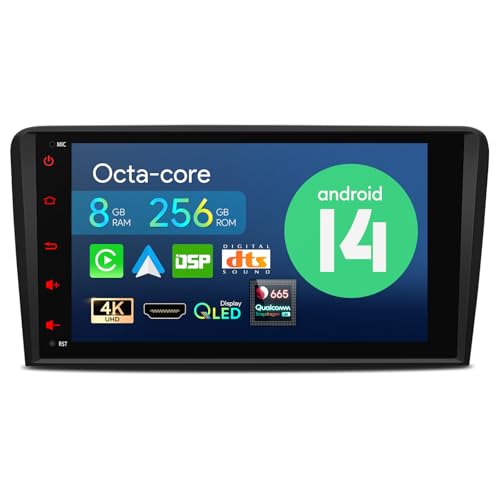 XTRONS 8 Zoll QLED IPS Android 14 Autoradio Qualcomm 665 Octa Core 8GB 256GB Eingebautes 4G LTE Car Play Android Auto HDMI-Ausgang WiFi GPS Bluetooth 5.0 Optional DAB OBD Für Audi A3 S3 RS3 von XTRONS