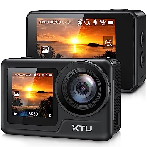 XTU Action Cam 6K/4K - 5GHz WLAN 30M wasserdichte Unterwasserkamera mit 3.0 EIS Bildstabilisierung,170° Weitwinkel Helmkamera, HDR Actionkamera, 20MP Fotos, 2-Zoll-Touchscreen, 32 Zubehör Kit von XTU
