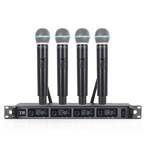 XTUGA Kabelloses Mikrofonsystem mit 4 Handmikrofon, 4-Kanal-UHF-Schnurlosmikrofon-Set, Ganzmetallbau, kabellose Mikrofone, Festfrequenz, Karaoke-System, lange Reichweite, 79,2 m (A140) von XTUGA