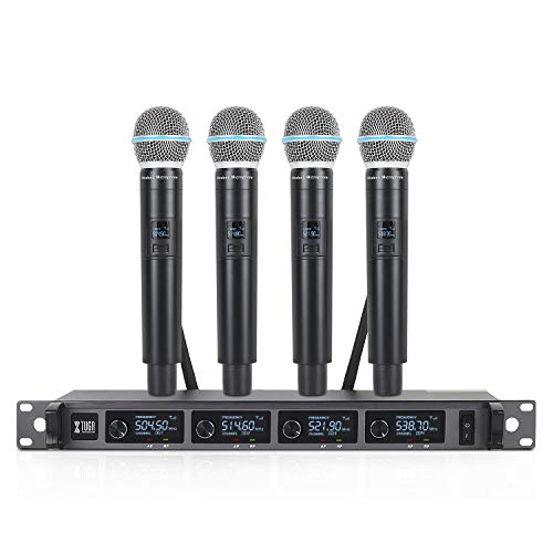 XTUGA A140 Kabelloses Mikrofonsystem, 4-Kanal-UHF-Mikrofon-Set mit vier Handmikrofonen aus Metall, feste Frequenz, lange Reichweite 91 m, ideal für Kirche, Karaoke (4 Handheld) von XTUGA