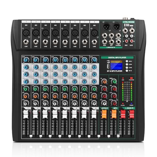XTUGA CT80 8-Kanal Professioneller Audio-Mixer für Computer-Aufnahme, Sound-Controller-Schnittstelle, integrierter digitaler Effekt-Studio-Mixer mit 48 V Phantomspeisung, Bluetooth, EQ von XTUGA