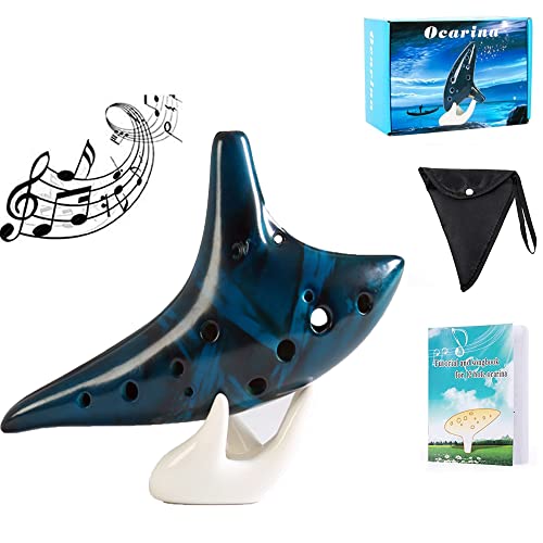 XUBX 12 Löcher Ocarina Alto C Keramik Ocarina, Smoked Art Musikinstrument mit Musik Noten für Musik-Liebhaber und Anfänger, mit schutztasche + Liedblatt-Anleitung + Umhängeband (Blau) von XUBX