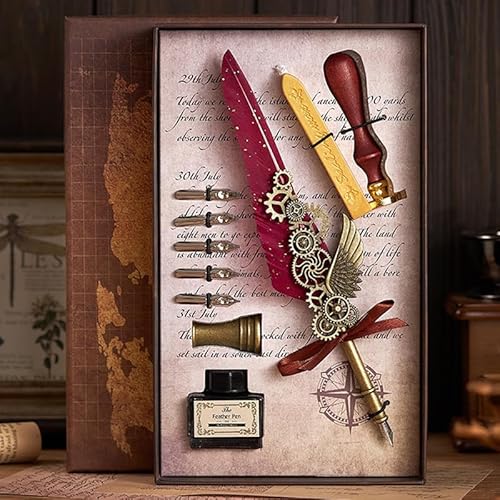 XUBX Kalligraphie Set, Federkiel Feder Stift, Luxuriöser Federhalter Mit Tinte, Füllfederhalter Mit 17 Federn, Stifthalter, Siegelstempel Und Wachs, Schreibfeder von XUBX