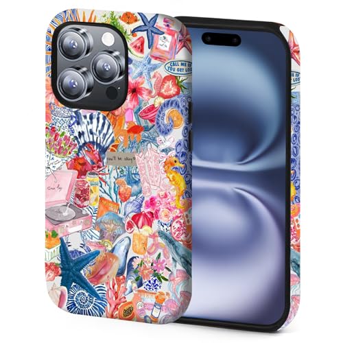 XUNBOTINGS Kompatibel mit Magnetic für iPhone 15 Hülle, Ocean Beach Summer Collage Art Design, Schutzhülle mit Anti-Shock-Funktionen (für iPhone 15) von XUNBOTINGS