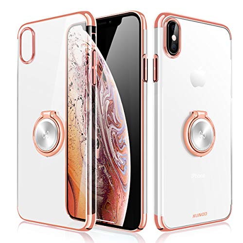 XUNDD Schutzhülle mit Metallständer für iPhone XR,Ultradünnes iPhone Case für magnetische KFZ-Halterung mit 360-Grad Finger-Halter,Transparente PC Schale Glänzende Details (iPhone XR,Roségold) von XUNDD