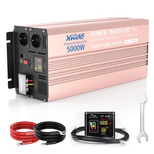 XWJNE Spannungswandler 5000W/10000W Reiner Sinus Wechselrichter 24V auf 230V mit 2X EU Steckdosen, 1x 5V USB Ausgang mit Fernbedienung und LED-Anzeige für KFZ Wohnwagen LKW von XWJNE
