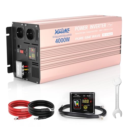 XWJNE Spannungswandler 4000W/8000W Reiner Sinus Wechselrichter 48V auf 230V mit 2X EU Steckdosen, 1x 5V USB Ausgang mit Fernbedienung und LED-Anzeige für KFZ Wohnwagen LKW von XWJNE