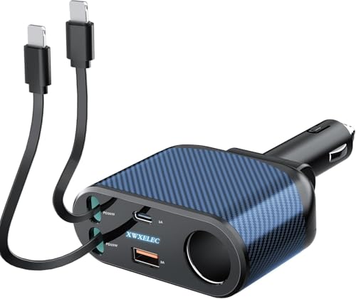 XWXELEC 5-in-1 Auto Ladegerät 【2 IOS USB】, Zigarettenanzünder Verteiler Adapter Splitter KFZ Einziehbares Datenkabel Stecker DC mit Steckdose für Handy Dash Kamera 12V/24V - Blau XWXELEC 5-in-1 Auto Ladegerät 【2 IOS USB】, Zigarettenanzünder Verteiler Adapter Splitter KFZ Einziehbares Datenkabel Stecker DC mit Steckdose für Handy Dash Kamera 12V/24V - Blau von XWXELEC