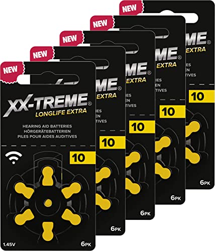 XX-Treme Longlife Extra Hörgerätebatterien Typ 10-30 Stück Hörgeräte Batterien konzipiert für höchste Leistung – Pack mit 5 Blistern à 6 Hörgerätebatterien – PR70 Farbcode gelb 1,45 Volt von XX-Treme