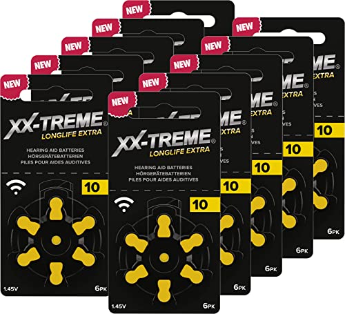 XX-Treme Longlife Extra Hörgerätebatterien Typ 10-60 Stück Hörgeräte Batterien konzipiert für höchste Leistung - Pack mit 10 Blistern à 6 Hörgerätebatterien – PR70 Farbcode gelb 1,45 Volt von XX-Treme