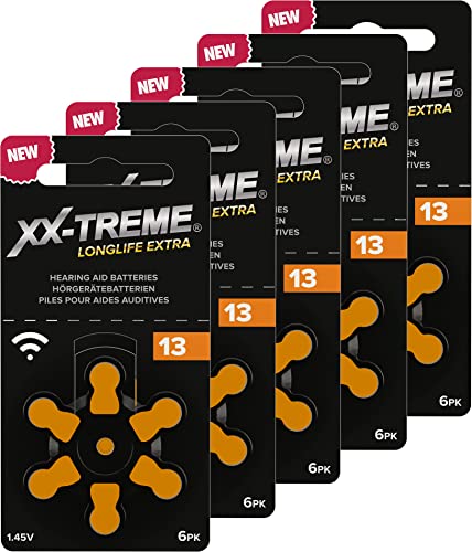XX-Treme Longlife Extra Hörgerätebatterien Typ 13-30 Stück Hörgeräte Batterien konzipiert für höchste Leistung - Pack mit 5 Blistern à 6 Hörgerätebatterien – PR48 Farbcode orange 1,45 Volt von XX-Treme
