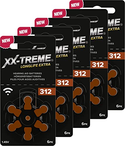 XX-Treme Longlife Extra Hörgerätebatterien Typ 312-30 Stück Hörgeräte Batterien konzipiert für höchste Leistung – Pack mit 5 Blistern à 6 Hörgerätebatterien – PR41 Farbcode braun 1,45 Volt von XX-Treme