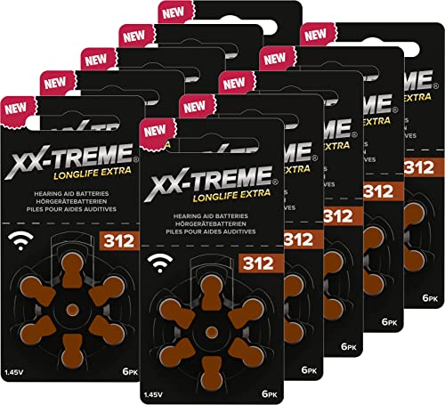 XX-Treme Longlife Extra Hörgerätebatterien Typ 312-60 Stück Hörgeräte Batterien konzipiert für höchste Leistung – Pack mit 10 Blistern à 6 Hörgerätebatterien – PR41 Farbcode braun 1,45 Volt von XX-Treme