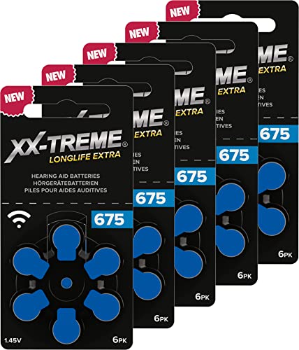 XX-Treme Longlife Extra Hörgerätebatterien Typ 675-30 Stück Hörgeräte Batterien konzipiert für höchste Leistung - Pack mit 5 Blistern à 6 Hörgerätebatterien – PR44 Farbcode blau 1,45 Volt von XX-Treme