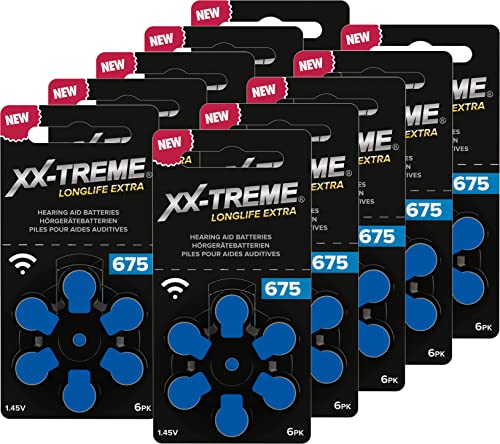 XX-Treme Longlife Extra Hörgerätebatterien Typ 675-60 Stück Hörgeräte Batterien konzipiert für höchste Leistung - Pack mit 10 Blistern à 6 Hörgerätebatterien – PR44 Farbcode blau 1,45 Volt von XX-Treme