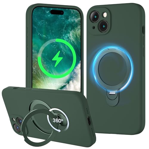 XXDD Entworfen für iPhone 15 Hülle mit 360° drehbarem Magnetständer, [Kompatibel mit Magsafe] [Militärschutz], schlanke Vollkameraschutz-Flüssigsilikon-Hülle, 6,1 Zoll, Alpingrün von XXDD