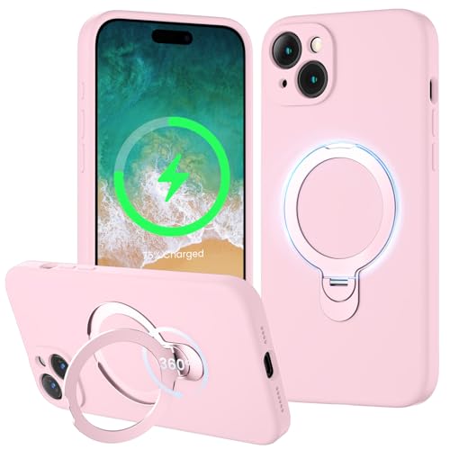 XXDD Entworfen für iPhone 15 Hülle mit 360° drehbarem Magnetständer, [Kompatibel mit Magsafe] [Militärschutz], schlanke Vollkameraschutz-Flüssigsilikon-Hülle, 6,1 Zoll, Kreiderosa von XXDD