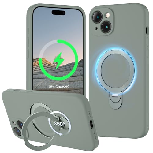 XXDD Entworfen für iPhone 15 Plus Hülle mit 360° drehbarem Magnetständer, [Kompatibel mit Magsafe] [Militärschutz], schlanke Vollkameraschutz-Flüssigsilikon-Hülle, 6,7 Zoll, Calke Grün von XXDD