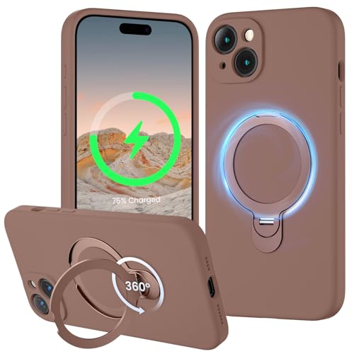 XXDD Entworfen für iPhone 15 Plus Hülle mit 360° drehbarem Magnetständer, [Kompatibel mit Magsafe] [Militärschutz], schlanke Vollkameraschutz-Flüssigsilikon-Hülle, 6,7 Zoll, Hellbraun von XXDD