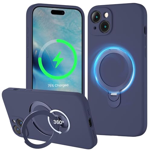 XXDD Entworfen für iPhone 15 Plus Hülle mit 360° drehbarem Magnetständer, [Kompatibel mit Magsafe] [Militärschutz], schlanke Vollkameraschutz-Flüssigsilikon-Hülle, 6,7 Zoll, Marineblau von XXDD