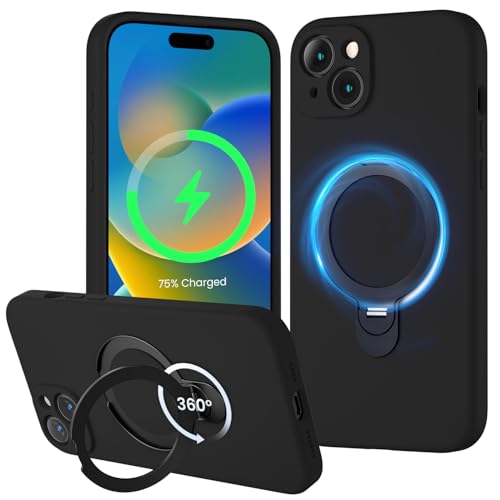 XXDD Entworfen für iPhone 15 Plus Hülle mit 360° drehbarem Magnetständer, [Kompatibel mit Magsafe] [Militärschutz], schlanke Vollkameraschutz-Flüssigsilikon-Hülle, 6,7 Zoll, Schwarz von XXDD
