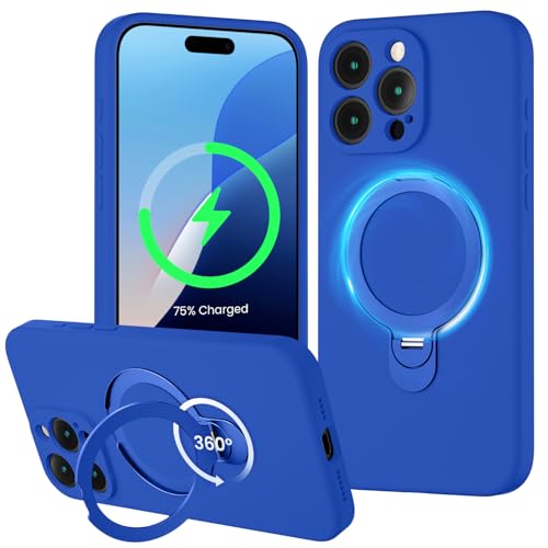 XXDD Entworfen für iPhone 15 Pro Hülle mit 360° drehbarem Magnetständer, [Kompatibel mit Magsafe] [Militärschutz], schlanke Vollkameraschutz-Flüssigsilikon-Hülle, 6,1 Zoll, Klein Blau von XXDD