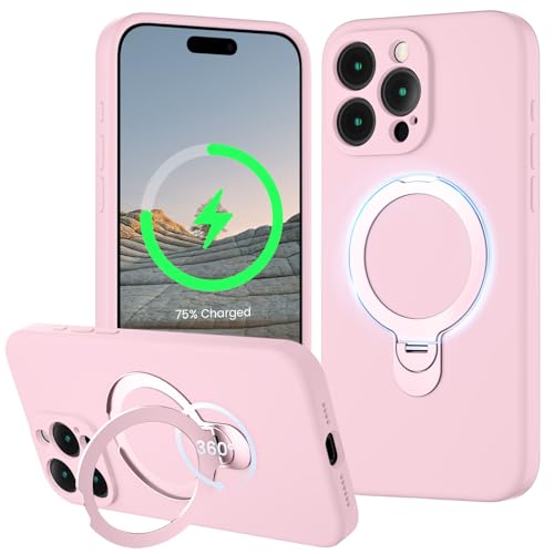 XXDD Entworfen für iPhone 15 Pro Hülle mit 360° drehbarem Magnetständer, [Kompatibel mit Magsafe] [Militärschutz], schlanke Vollkameraschutz-Flüssigsilikon-Hülle, 6,1 Zoll, Kreiderosa von XXDD