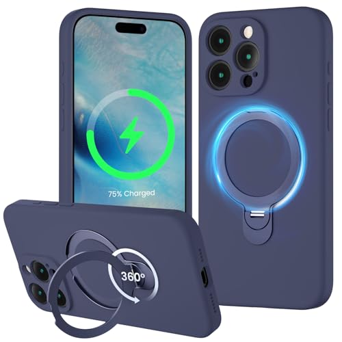 XXDD Entworfen für iPhone 15 Pro Hülle mit 360° drehbarem Magnetständer, [Kompatibel mit Magsafe] [Militärschutz], schlanke Vollkameraschutz-Flüssigsilikon-Hülle, 6,1 Zoll, Marineblau von XXDD