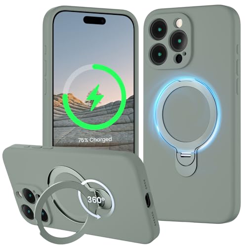 XXDD Entworfen für iPhone 15 Pro Max Hülle mit 360° drehbarem Magnetständer, [Kompatibel mit Magsafe] [Militärschutz], schlanke Vollkameraschutz-Flüssigsilikon-Hülle, 6,7 Zoll, Calke Grün von XXDD