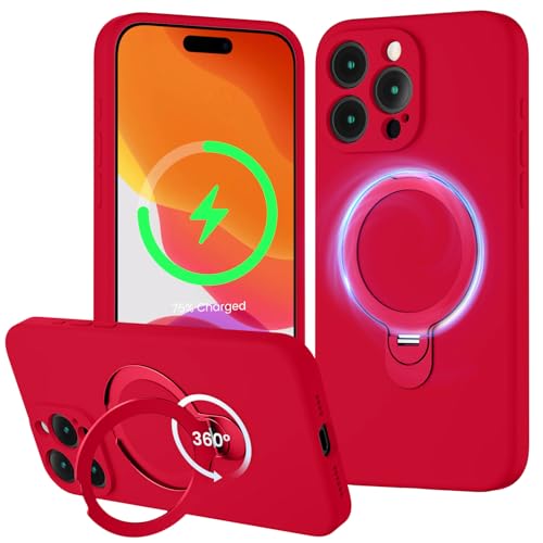 XXDD Entworfen für iPhone 15 Pro Max Hülle mit 360° drehbarem Magnetständer, [Kompatibel mit Magsafe] [Militärschutz], schlanke Vollkameraschutz-Flüssigsilikon-Hülle, 6,7 Zoll, Tiefrot von XXDD